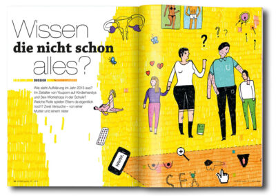 Wissen die nicht schon alles?, Illustration von Michael Zander für Eltern-Family, Ausgabe 7/2015 "Wie sieht Aufklärung im Jahr 2015 aus?"