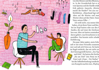 Wissen die nicht schon alles?, Illustration von Michael Zander für Eltern-Family, Ausgabe 7/2015 "Wie sieht Aufklärung im Jahr 2015 aus?"