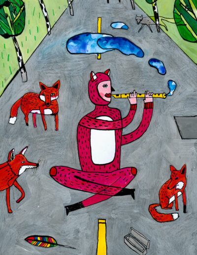 Fuchs mit Flöte, Illustration von Michael Zander repräsentiert von Jutta Fricke Agentur für Illustration, Technik: Tusche, Gouache, Filzstift, Buntstift, Bleistift, Kugelschreiber