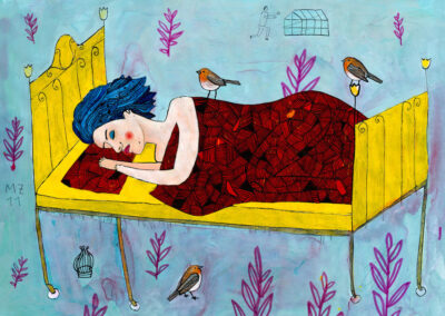 Das Goldene Gartenbett, Illustration von Michael Zander repräsentiert von Jutta Fricke Agentur für Illustration, Technik: Tusche, Gouache, Filzstift, Buntstift, Bleistift, Kugelschreiber