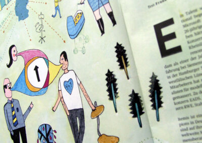"Klein, aber fein", Illustration von Michael Zander für Handelsblatt Karriere, Bewerberguide 2014 "Der deutsche Mittelstand ist voll von Hidden Champions."