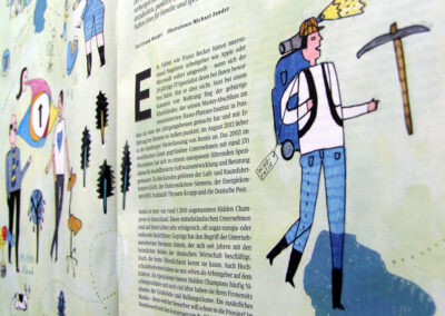 "Klein, aber fein", Illustration von Michael Zander für Handelsblatt Karriere, Bewerberguide 2014 "Der deutsche Mittelstand ist voll von Hidden Champions."