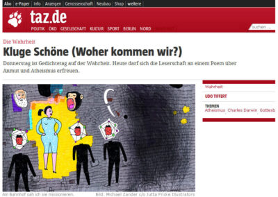 Michael Zander, Illustrator in Berlin, Repräsentiert von Jutta Fricke Agentur für Illustration, Illustration zu dem Gedicht "Kluge Schöne" von Udo Tiffert, erschienen in der TAZ 8/2014, Wahrheitseite