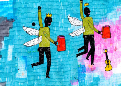 Der König fliegt ins Kino, Illustration von Michael Zander repräsentiert von Jutta Fricke Agentur für Illustration, Technik: Tusche, Gouache, Filzstift, Buntstift, Bleistift, Kugelschreiber
