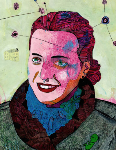 Sabrina R., nach einer Fotographie, Tusche, Gouache, Bleistift, Filzstift, Collage, DIN A4