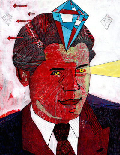 Manfred R., nach einer Fotographie, Tusche, Gouache, Bleistift, Filzstift, Collage, DIN A4
