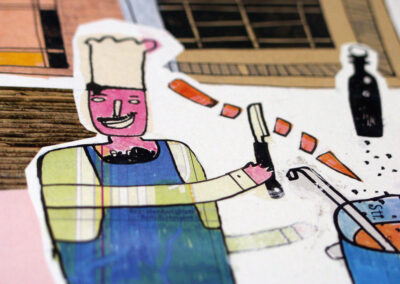 Ufo in der Lücke, Illustration von Michael Zander für das Trennt-Magazin, Nr. 8 (Herbst 2014) "Das Pop-up-Restaurant "Lücke" in Weimar besetzt gleich zwei Nischen: eine bauliche und eine kulinarische."