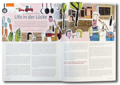 Ufo in der Lücke, Illustration von Michael Zander für das Trennt-Magazin, Nr. 8 (Herbst 2014) "Das Pop-up-Restaurant "Lücke" in Weimar besetzt gleich zwei Nischen: eine bauliche und eine kulinarische."